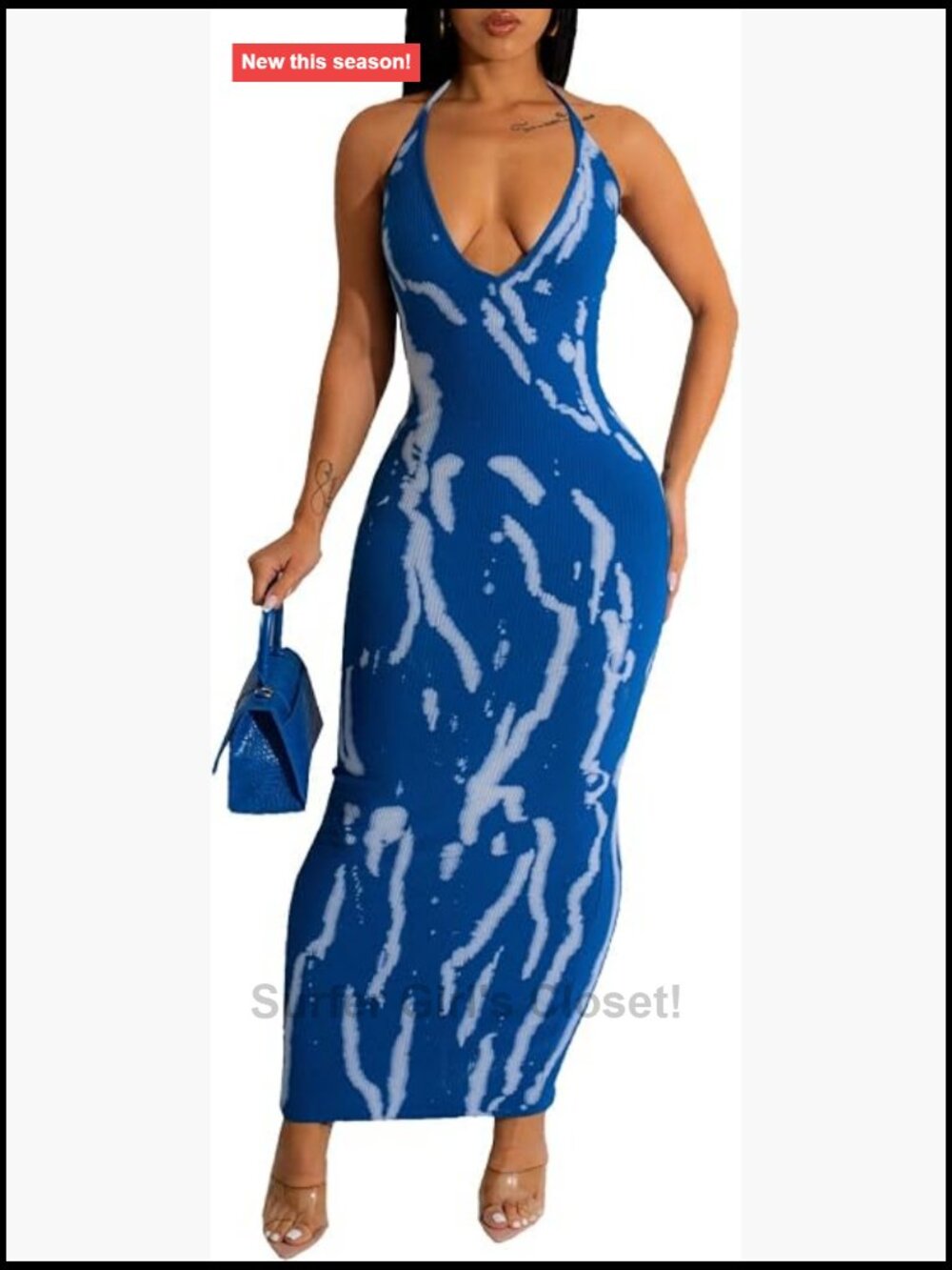 Women's Sleeveless Halter Bodycon Maxi Dress, Backless Deep V-Neck Club Party